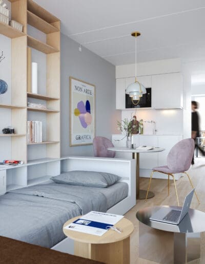 ver lejlighed er nøje designet for at give dig mest muligt ud af din plads, med arealer fra 32 m² til 55 m², hvilket gør dem ideelle for både singler, studerende og unge professionelle, der søger en praktisk og stilfuld bolig.